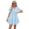 thumbnail image 1 of Women's Ruched Tiered V Neck Short Sleeve Mini Dress for Summer Party Look Silhouette Flattering Fit 100% Polyester, 1 of 11