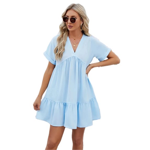Women's Ruched Tiered V Neck Short Sleeve Mini Dress for Summer Party Look Silhouette Flattering Fit 100% Polyester