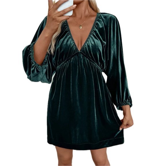 Women's Ruched V Neck Balloon Sleeve Dress with 96% Polyester and 4% Elastane for Soft Sheen and Comfortable Fit
