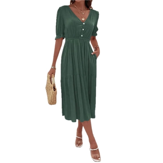 Women's Ruched V Neck Midi Dress with Half Sleeves and Ruffled Buttoned Details in Viscose 100% for Everyday Wear