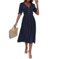 thumbnail image 1 of Women's Ruched V Neck Midi Dress with Half Sleeves and Ruffled Buttoned Details in Viscose 100% for Everyday Wear, 1 of 13
