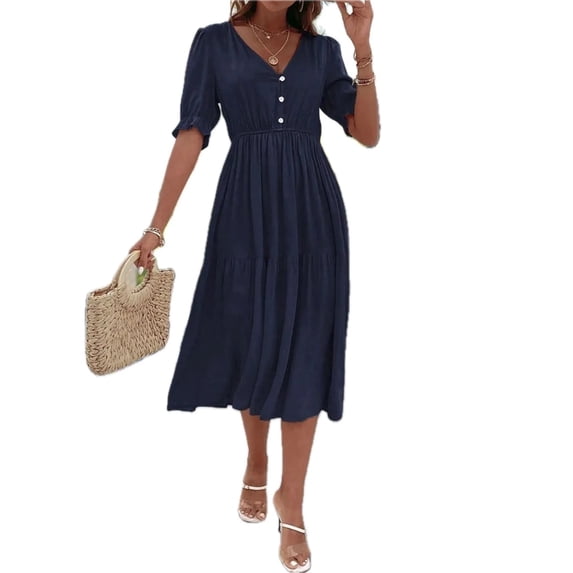 Women's Ruched V Neck Midi Dress with Half Sleeves and Ruffled Buttoned Details in Viscose 100% for Everyday Wear