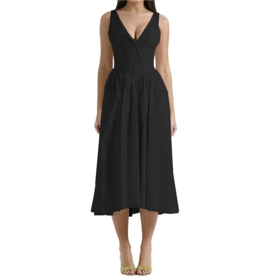 Women's Ruched V-Neck Sleeveless Dress Opaque No Stretch Fabric Ninety Five Percent Polyester And Five Percent Elastane