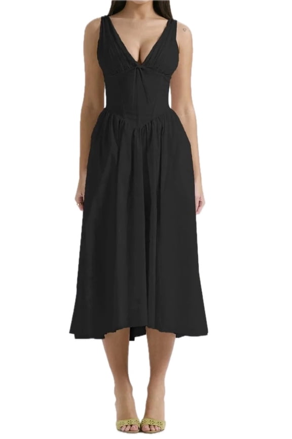 Women's Ruched V-Neck Sleeveless Dress Opaque No Stretch Fabric Ninety Five Percent Polyester And Five Percent Elastane