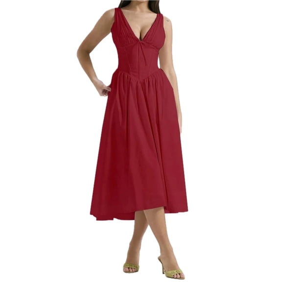Women's Ruched V-Neck Sleeveless Dress Opaque No Stretch Fabric Ninety Five Percent Polyester And Five Percent Elastane