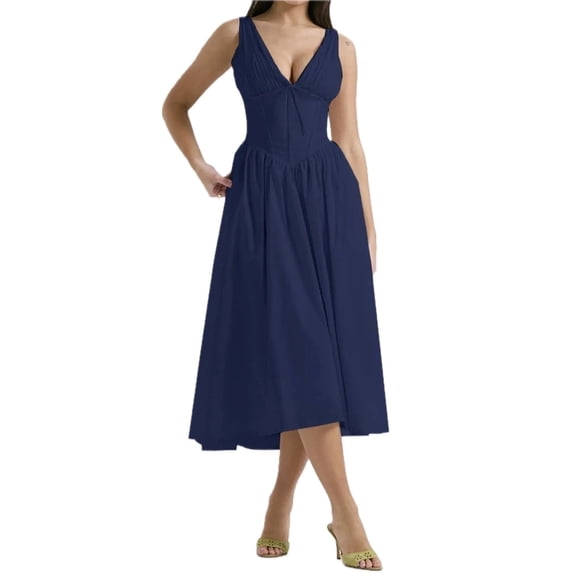 Women's Ruched V-Neck Sleeveless Dress Opaque No Stretch Fabric Ninety Five Percent Polyester And Five Percent Elastane