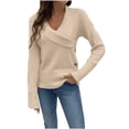thumbnail image 1 of Women's Ruched V-Neck Wrap Sweater, Criss Cross Long Sleeve Knit Pullover Top with Button for Fall Beige L, 1 of 5