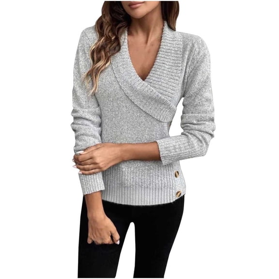 Women's Ruched V-Neck Wrap Sweater, Criss Cross Long Sleeve Knit Pullover Top with Button for Fall Gray M
