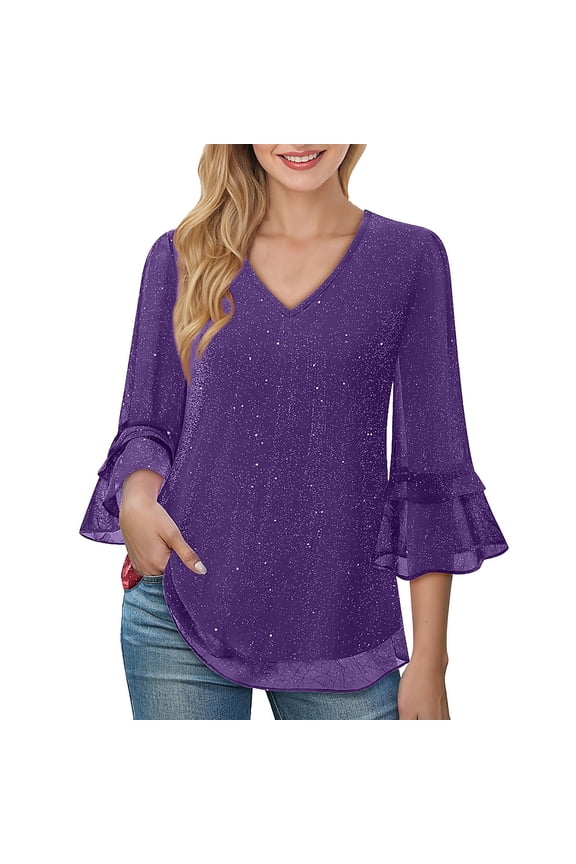 Women's Ruffle 3/4 Sleeve Elegant Dressy Blouses Casual V Neck Double Layers Mesh Tunic Tops Loose Fit Flowy Shirts
