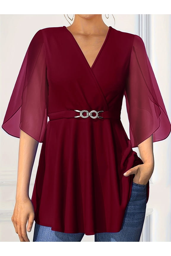 Women's Ruffle 3/4 Sleeve Floral Mesh Blouse Double Layers Elastic Stretchy Fabric Loose Flowy Tunic Tops Dressy Casual Work Shirts for All Seasons