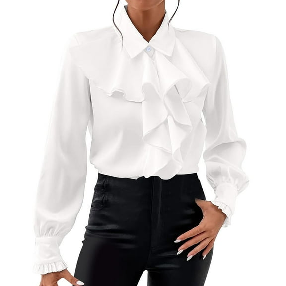 Women's Ruffle Blouse Long Sleeve Collar Neck Button Down Victorian Shirt Tops