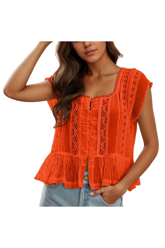 Women's Ruffle Bow Tie Peplum Tops Boho Sheer Flowy Short Sleeve Blouse Lace Eyelet Frilly Shirt Top Red L