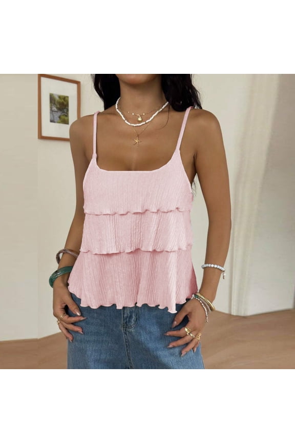 Women's Ruffle Cami Top Spaghetti Strap Lettuce Trim Flowy Summer Beach Camisole