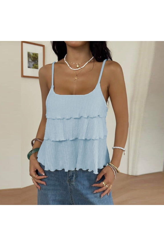 Women's Ruffle Cami Top Spaghetti Strap Lettuce Trim Flowy Summer Beach Camisole