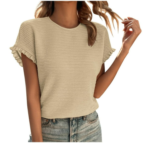 Women's Ruffle Cap Sleeve Blouse Shirts Frill Trim Crew Neck Tops