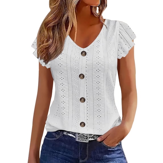 Women's Ruffle Cap Sleeve V-Neck Eyelet Blouse Button Front Slim Fit Casual Top