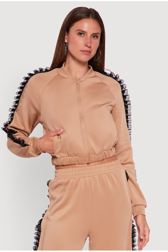 Women's Ruffle Chiffon Organza Long Sleeve Zip Front Jacket