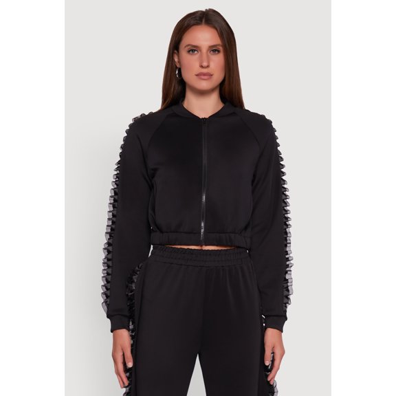 Women's Ruffle Chiffon Organza Long Sleeve Zip Front Jacket
