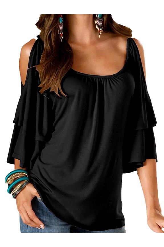 Women's Ruffle Cold Shoulder Top Boat Neck Tunic Summer Loose Blouse Shirt