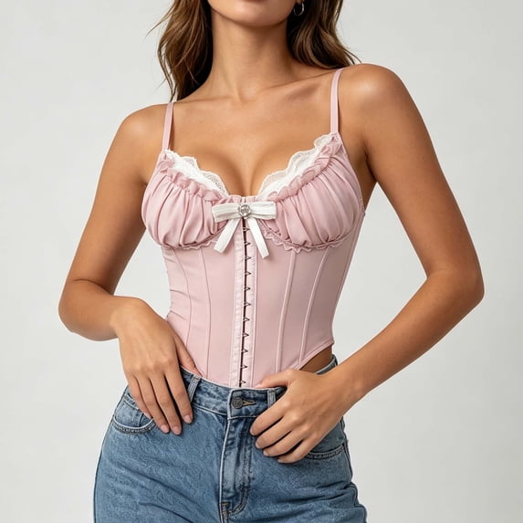 Women's Ruffle Corset Top Spaghetti Strap Lace Trim Bustier Bodice with Bow Fairycore Princess Costume for Halloween Party Club Night Out Activewear