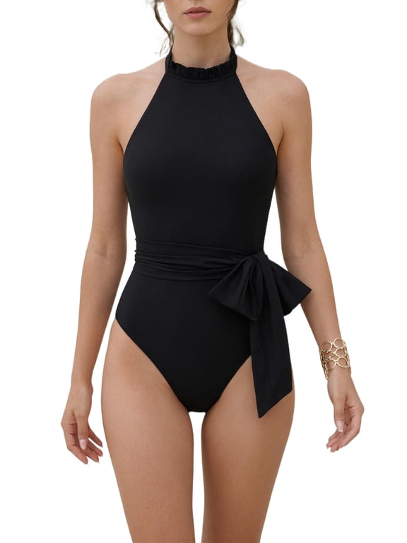 Women's Halloween Ruffle Crew High Neck Halter Monokini Bikini, 1 Piece Tie Side Tummy Control Swimwear Bathing Suits Black X-Large