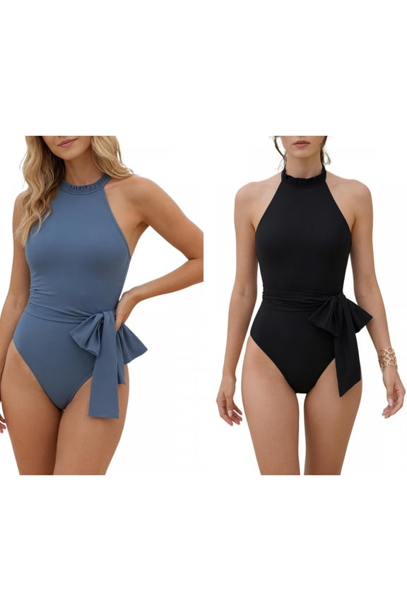 Women's Ruffle Crew High Neck Halter Monokini Bikini, 1 Piece Tummy Control Swimwear 2 Sets Small Black, Dark Blue