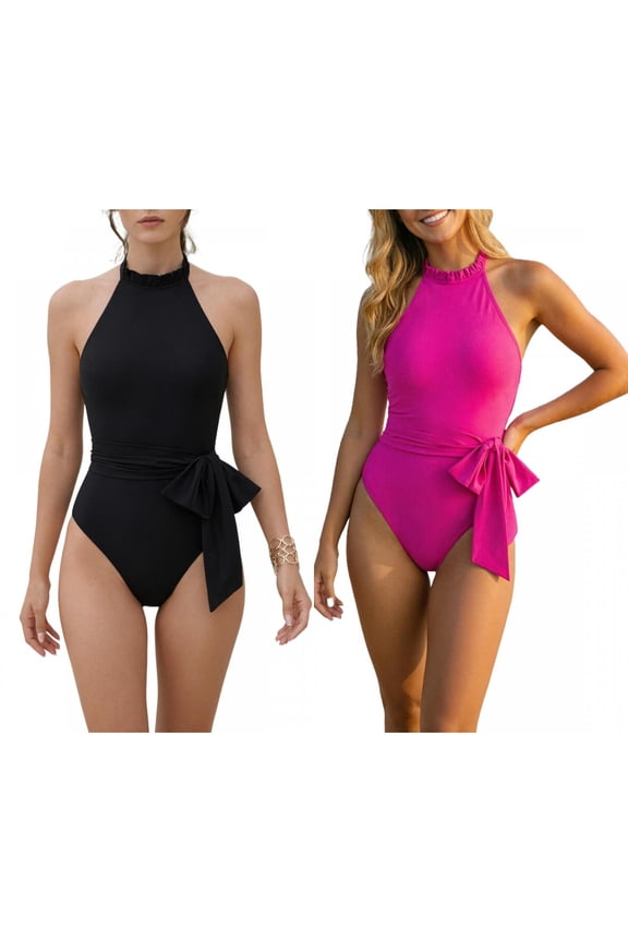 Women's Ruffle Crew High Neck Halter Monokini Bikini, 1 Piece Tummy Control Swimwear 2 Sets Small Black, Rose Red