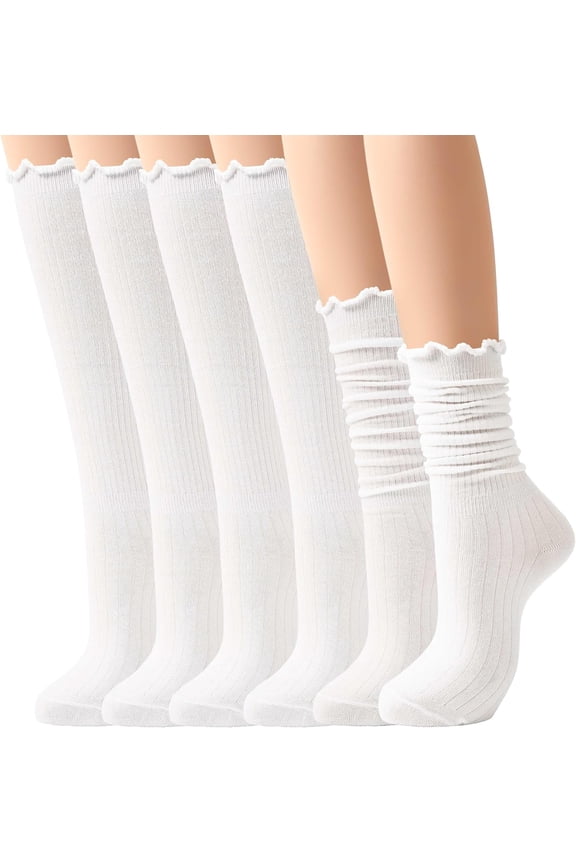 Women's Ruffle Cuff Slouchy Crew Socks, 6 Pairs Soft Ribbed Knit Cotton Mid-Calf Socks for Daily Wear, Walking, Office & Gift