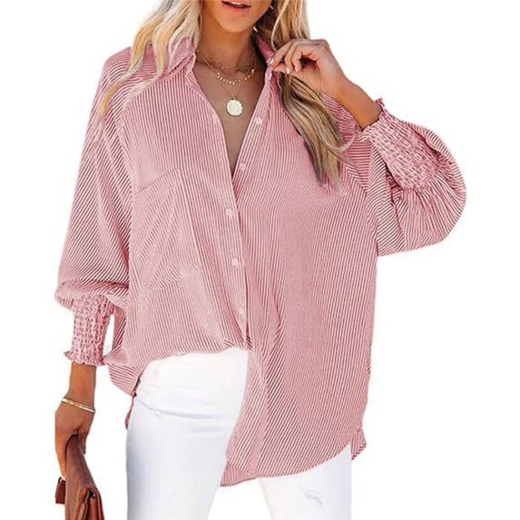 Women's Ruffle Cuff Striped Boyfriend Shirt Casual Collar Long Sleeve Oversized Button Shirt Top