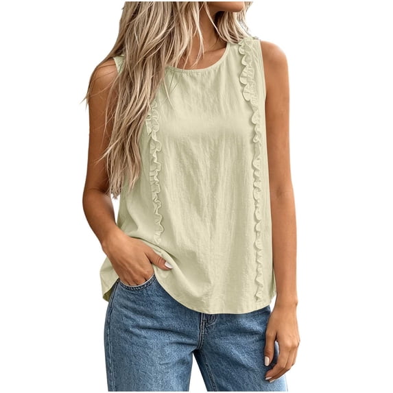 Women's Ruffle Detail Sleeveless Tank Tops Summer Petite Plain Crew Neck Tee Casual Travel Tops Beige