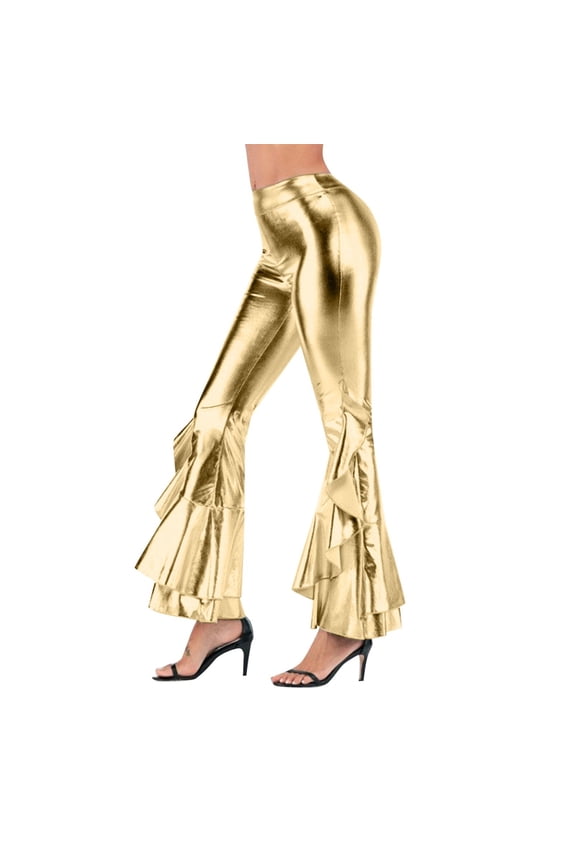 Women's Ruffle Flare Pants Carnival Bell Bottom Bootcut Palazzo Leggings 70s Disco Wide Leg Pants High Waist Dance Trousers Gold S