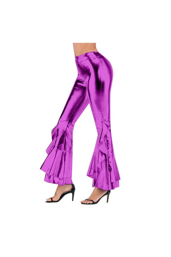 Women's Ruffle Flare Pants Carnival Bell Bottom Bootcut Palazzo Leggings 70s Disco Wide Leg Pants High Waist Dance Trousers Purple XXXL