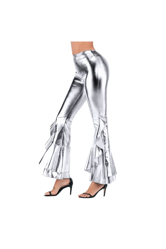 Women's Ruffle Flare Pants Carnival Bell Bottom Bootcut Palazzo Leggings 70s Disco Wide Leg Pants High Waist Dance Trousers Silver XXL