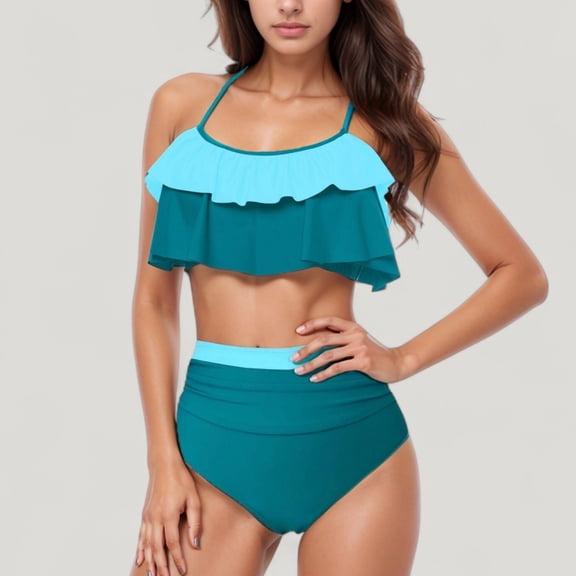 Women's Ruffle Flounce Bikini Top and High Waist Bottom Two-Piece Swimsuit with Contrast Trim - Large, Teal