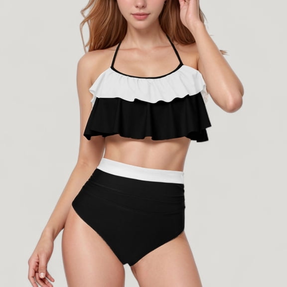 Women's Ruffle Flounce Bikini Top and High Waist Bottom Two-Piece Swimsuit with Contrast Trim - Medium, Black