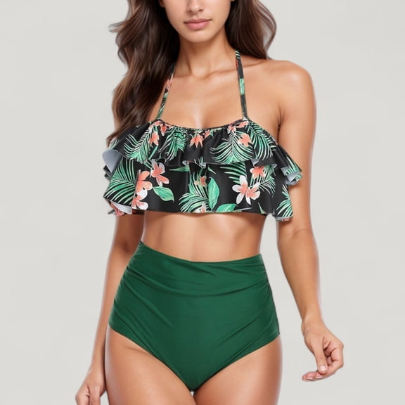 Women's Ruffle Flounce Bikini Top and High Waist Bottom Two-Piece Swimsuit with Contrast Trim - X Large, Green