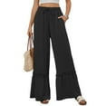 thumbnail image 1 of Women's Ruffle Flowy Pants Casual High Waisted Drawstrings Wide Leg Summer Pants Ladies Loose Beach Trousers with Pockets Work out Pants for Womens Black XL, 1 of 9