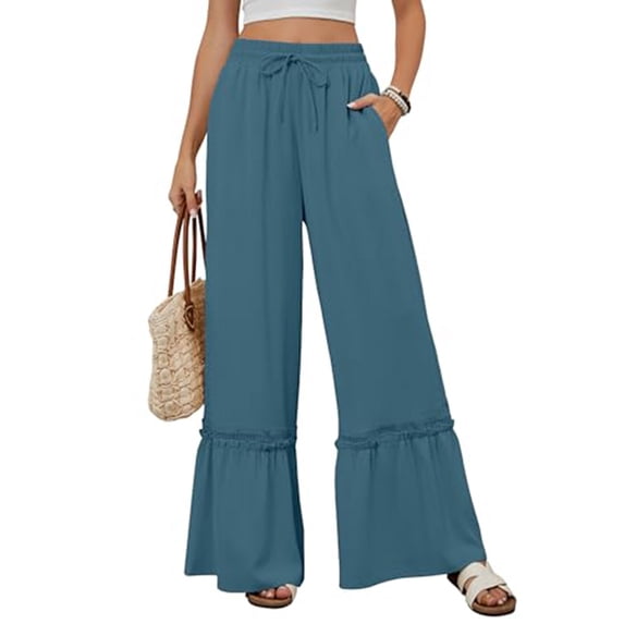 Women's Ruffle Flowy Pants Casual High Waisted Drawstrings Wide Leg Summer Pants Ladies Loose Beach Trousers with Pockets Blue XXL