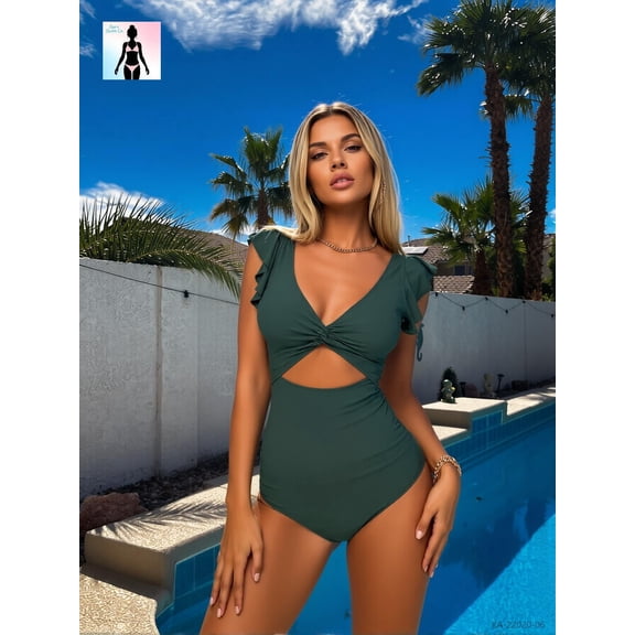 Women's Ruffle Flutter Sleeve Twist Front Cutout One-Piece Swimsuit