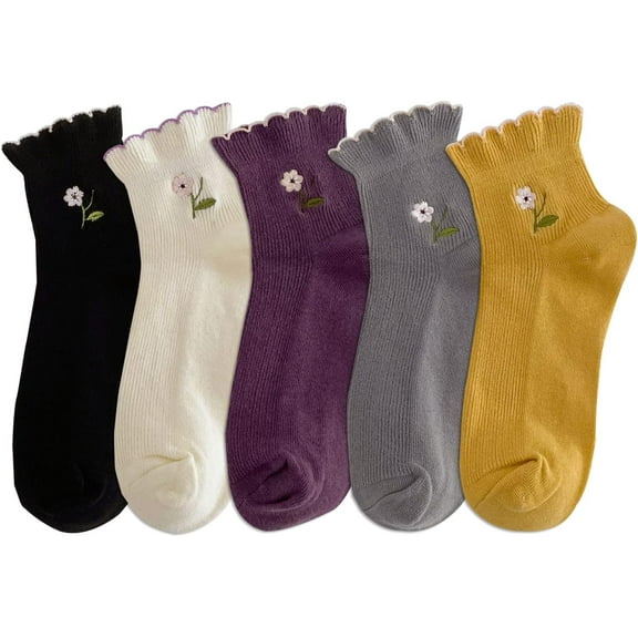 Women's Ruffle Frilly Rib Knit Crew Socks Floral Embroidery Scalloped Pointelle Casual Ankle Socks 5 Pairs