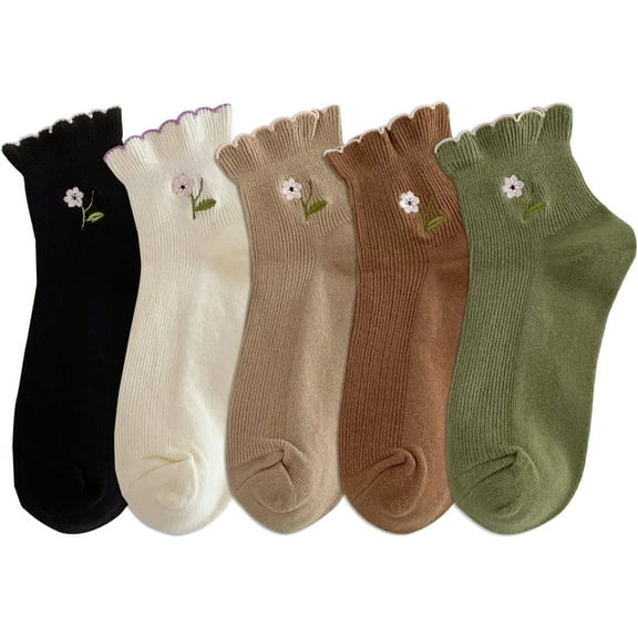 Women's Ruffle Frilly Rib Knit Crew Socks Floral Embroidery Scalloped Pointelle Casual Ankle Socks 5 Pairs