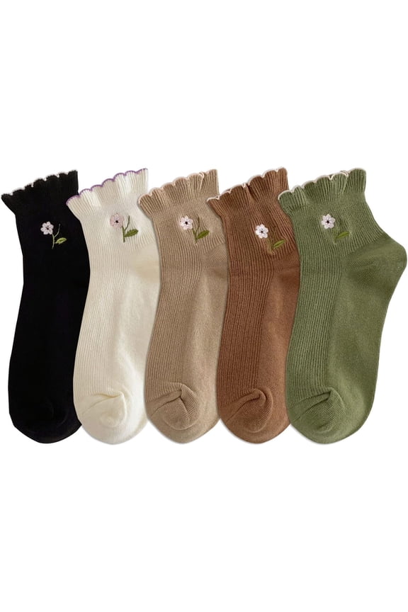 Women's Ruffle Frilly Rib Knit Crew Socks Floral Embroidery Scalloped Pointelle Casual Ankle Socks 5 Pairs