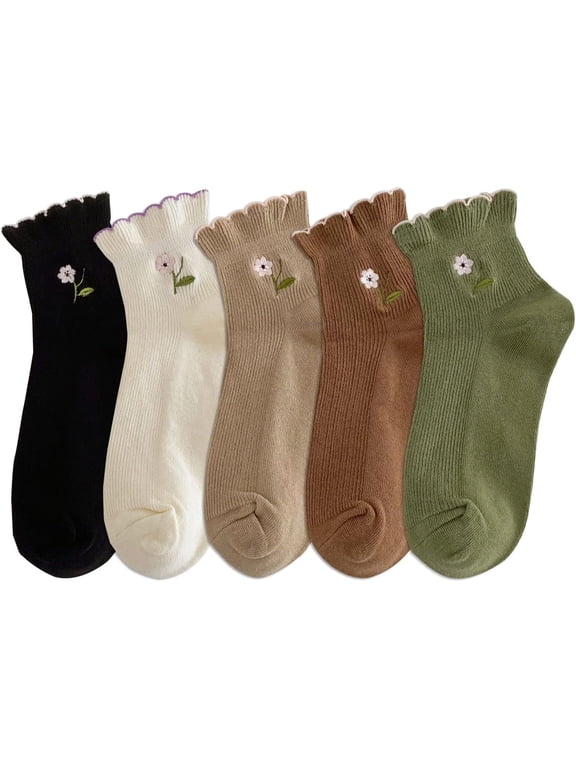 Women's Ruffle Frilly Rib Knit Crew Socks Floral Embroidery Scalloped Pointelle Casual Ankle Socks 5 Pairs