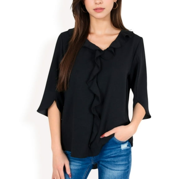 Women's Ruffle Front Blouse with 3/4 Split Sleeves- Black,Large