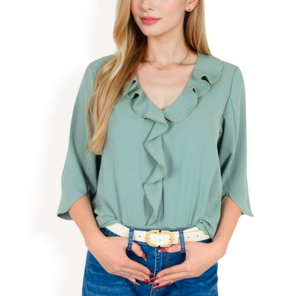 Women's Ruffle Front Blouse with 3/4 Split Sleeves- Green,Large