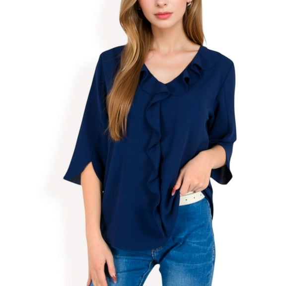 Women's Ruffle Front Blouse with 3/4 Split Sleeves- Navy,Large