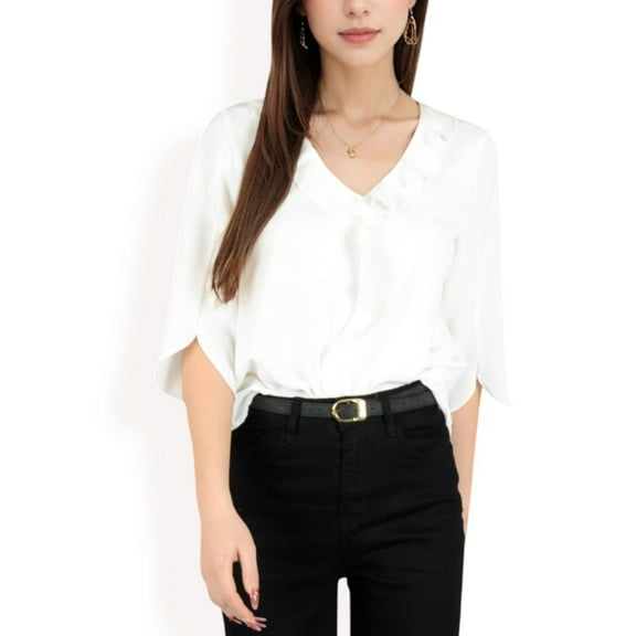 Women's Ruffle Front Blouse with 3/4 Split Sleeves- White,Small