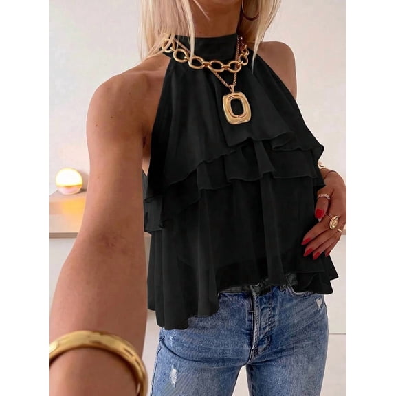 Women's Ruffle Halter Top Sleeveless Chiffon Blouse Layered Cami