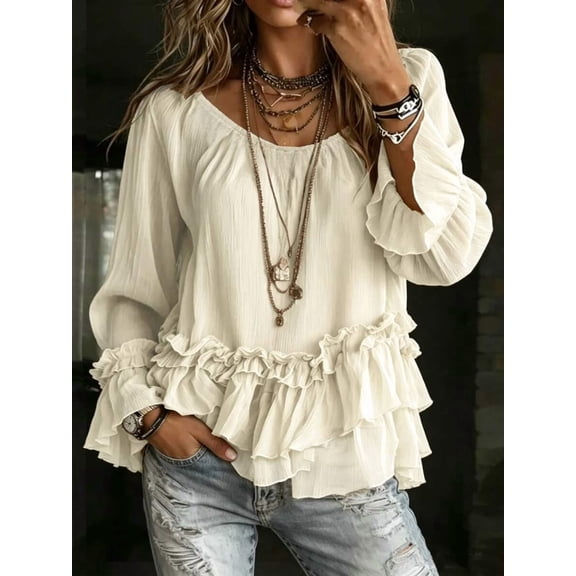 Women's Ruffle Hem Blouse Long Sleeve Scoop Neck Loose Peasant Top