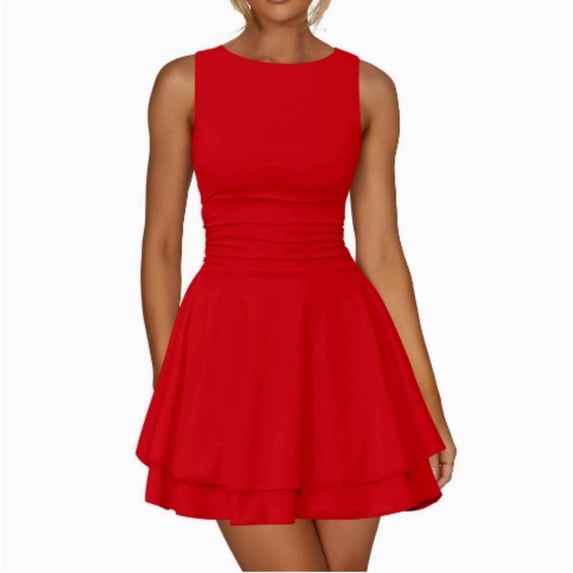 Women's Ruffle Hem Boat Neck Mini Dress Sleeveless Ruched Corset Short Party Dresses